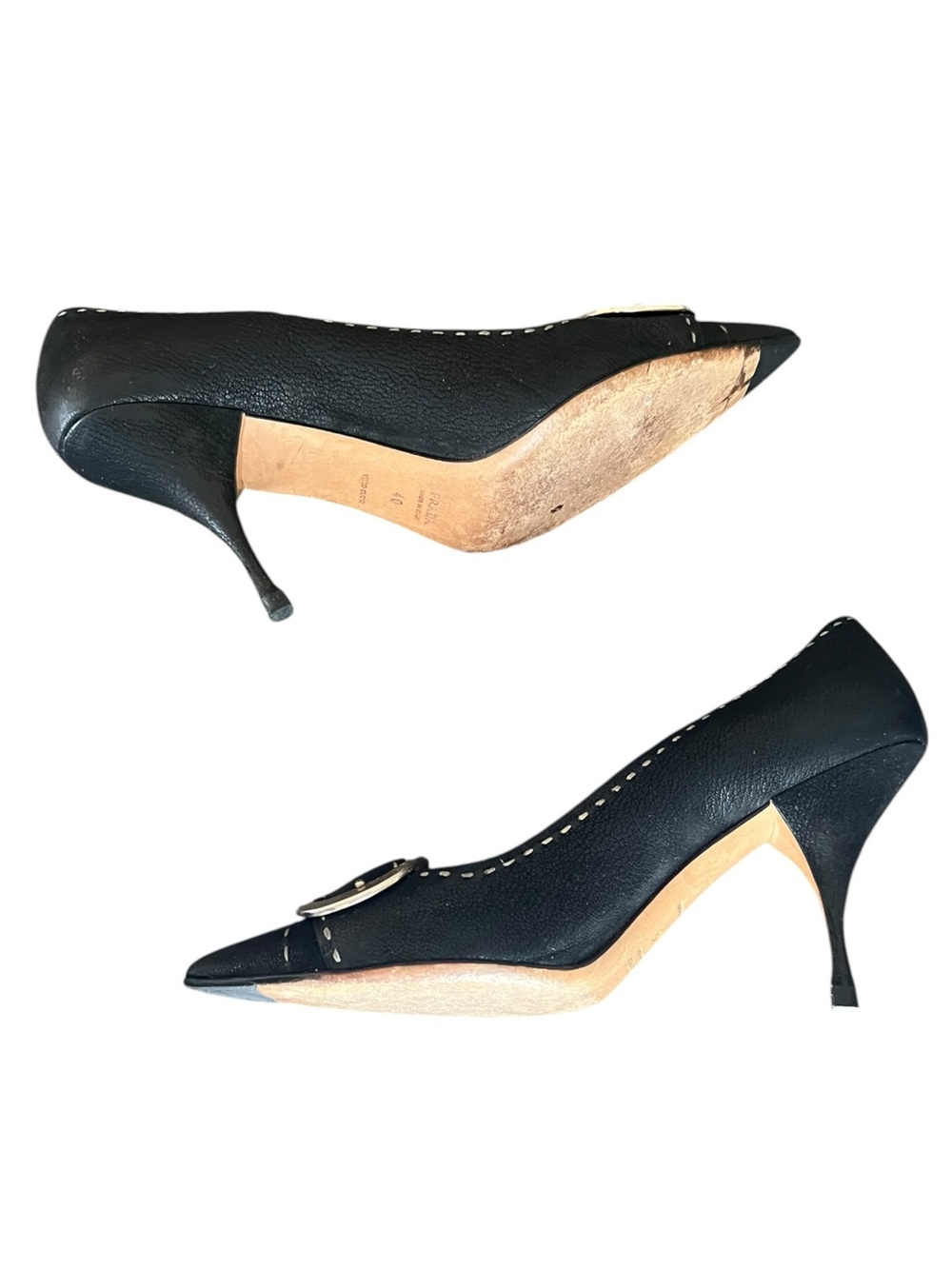 Prada Women’s Vintage Y2K Silver Buckle Black Leather Point Toe Heels Size 40 - Picture 9 of 10